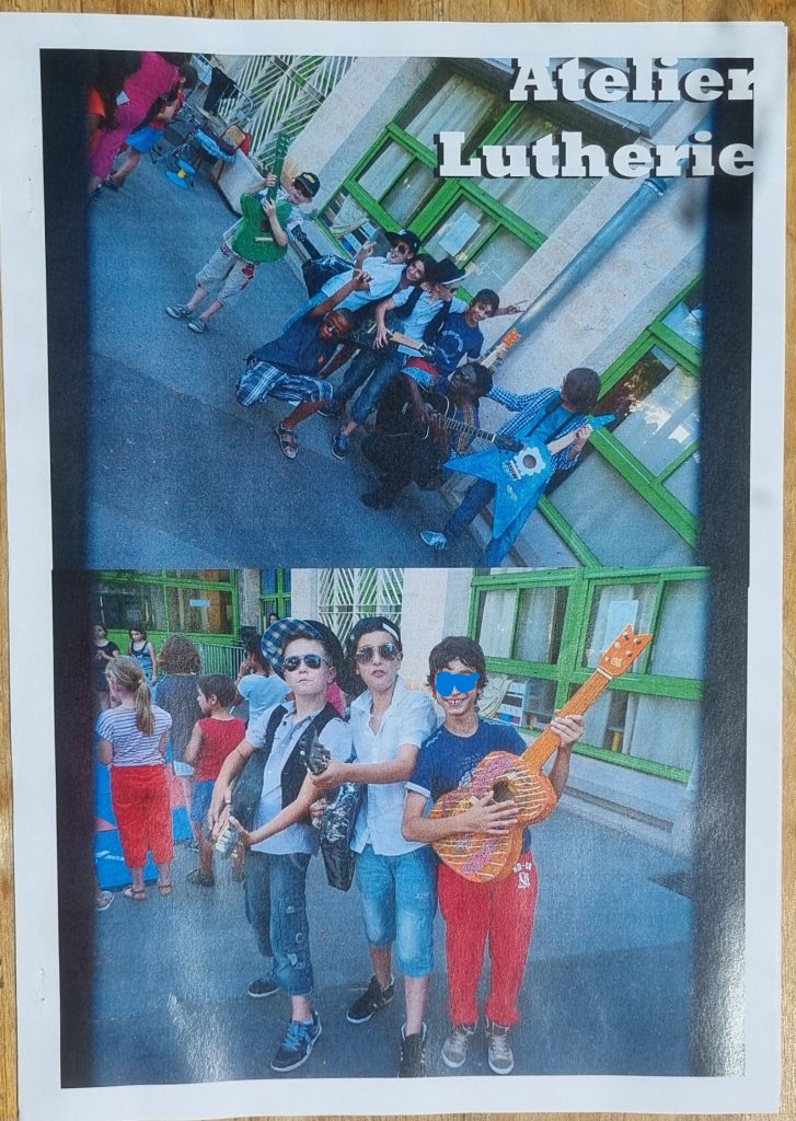 "Eveil Musical +++++ / Lutherie Mômes CM2". 
Cover de L'album-photos. 
7 Pages. Distribué aux parents pendant le concert de fin d'année scolaire donné par le très célèbre groupe: <<Back 2 Black>>.
Ici: Concert de l'évènement scolaire: "AniMania": 
- Maternelles Simone Signoret & Primaires Jacques Brel Montpellier.