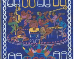 Sons en feu - danse traditionnelle au village. Acrylique sur papier A4. Affiche du concert " sons et vibrations du Cameroun" Maison de l'Agglomération Montpellier