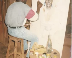 Début d'un portrait entier de Dame disparue. A partir d'une demi photo d'identité. Ici: Huile sur contre plaqué. 150cm X 90cm. Lieu: Atéliers NIDARTS/Cameroun. Année: 1998. Commande privée. Haute organisation des recherches, (tâtonnements), haute application des tranferts, des rapports et reports des proportions. Pour une harmonisation naturelle parfaite de l'ensemble du corps CONSTRUIT.