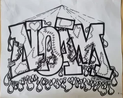 Noam - tag feutres sur papier A4 - ALSH été 2022 Montpellier - cadeau surprise pour l'anniversaire de Noam, un très bon collègue. model pour initiation des enfants au graphisme et arts de la rue.