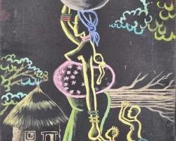 <<Mamans>>: Acrylique fluo sur satin noir, 25/40 cm, Année 2009, Lieu: Prés d'Arènes Montpellier. Propriété privée Jean-Louis et Marie Pujol. Lieu: Salagou (Clermont l'Herault).