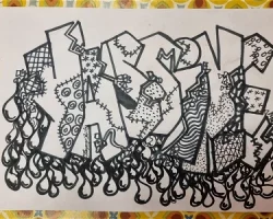 Yassine - TAG feutre sur papier A4 - ALSH 09/2022 Montpellier ; cadeau surprise pour mon collègue Yassine, Modèle pour initiation des enfants au graphisme et Arts de la rue .