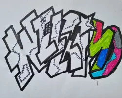 Hommage à Welle Rimo - TAG - Feutres sur papier A4 . ALSH Toussaint 2022, Montpellier . Welle Rimo : grand ami et excellent peintre professionnel sur Montpellier. Graphisme réalisé par sa fille aînée et moi . Inscrite au centre aéré, elle adorait mes activités; Modèle pour initiation des enfants au graphisme et aux Arts de la rue .